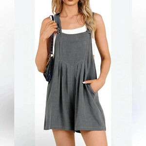 Women’s Adjustable Strap Loose Linen Blend Grey Short Bib Romper With Pockets S